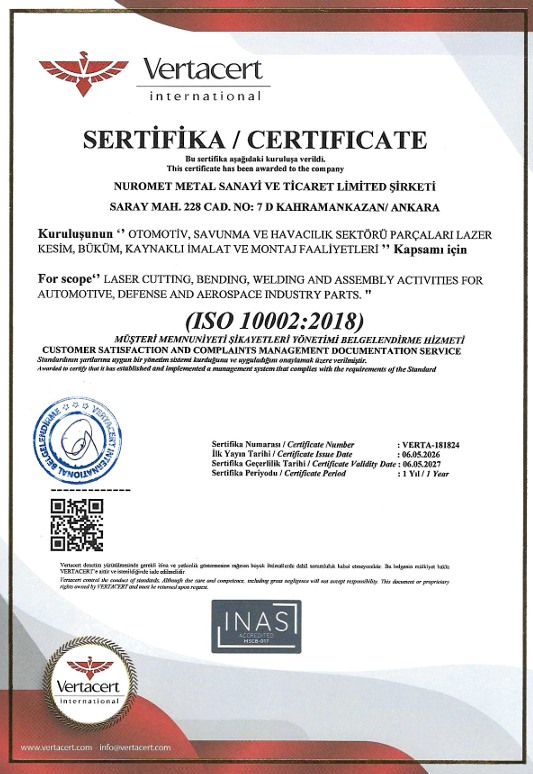 ISO 10002:2018 Sertifikası